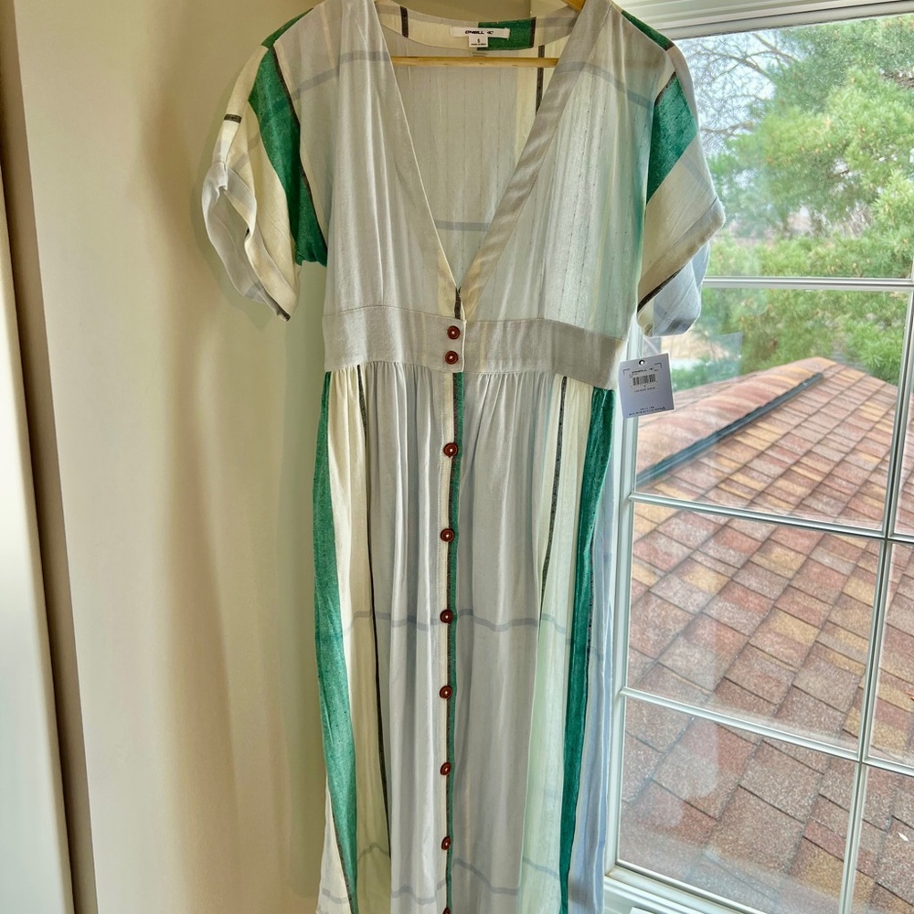 O'Neill Green and White Striped Midi Dress